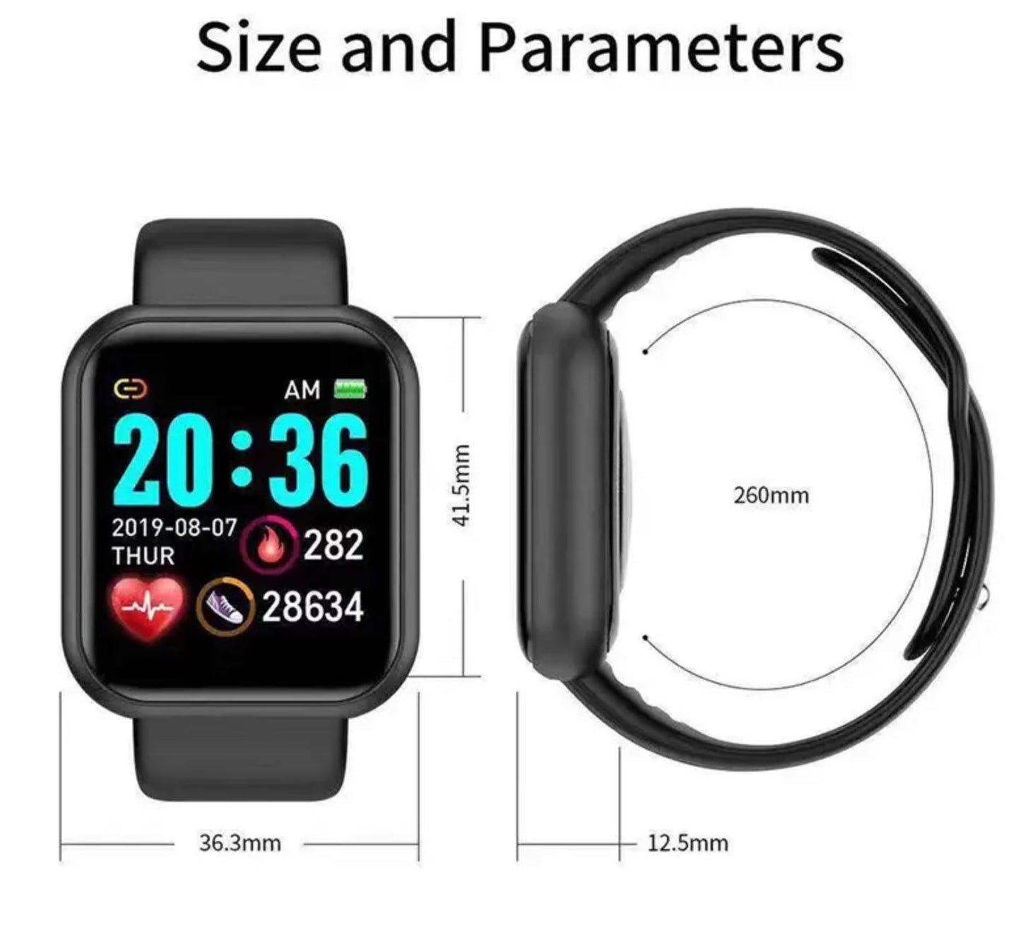 Smartwatch mit Bluetooth – Herzfrequenzmesser – Aktivitätstracker – Schwarz
