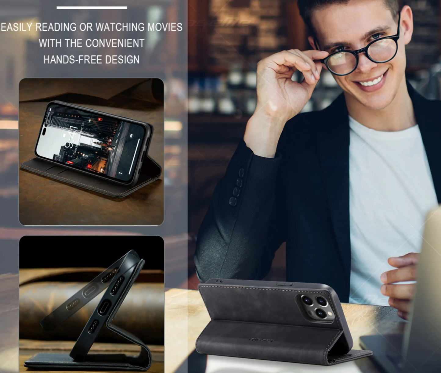 Étui Portefeuille Premium en Cuir pour iPhone 14 Pro - Noir