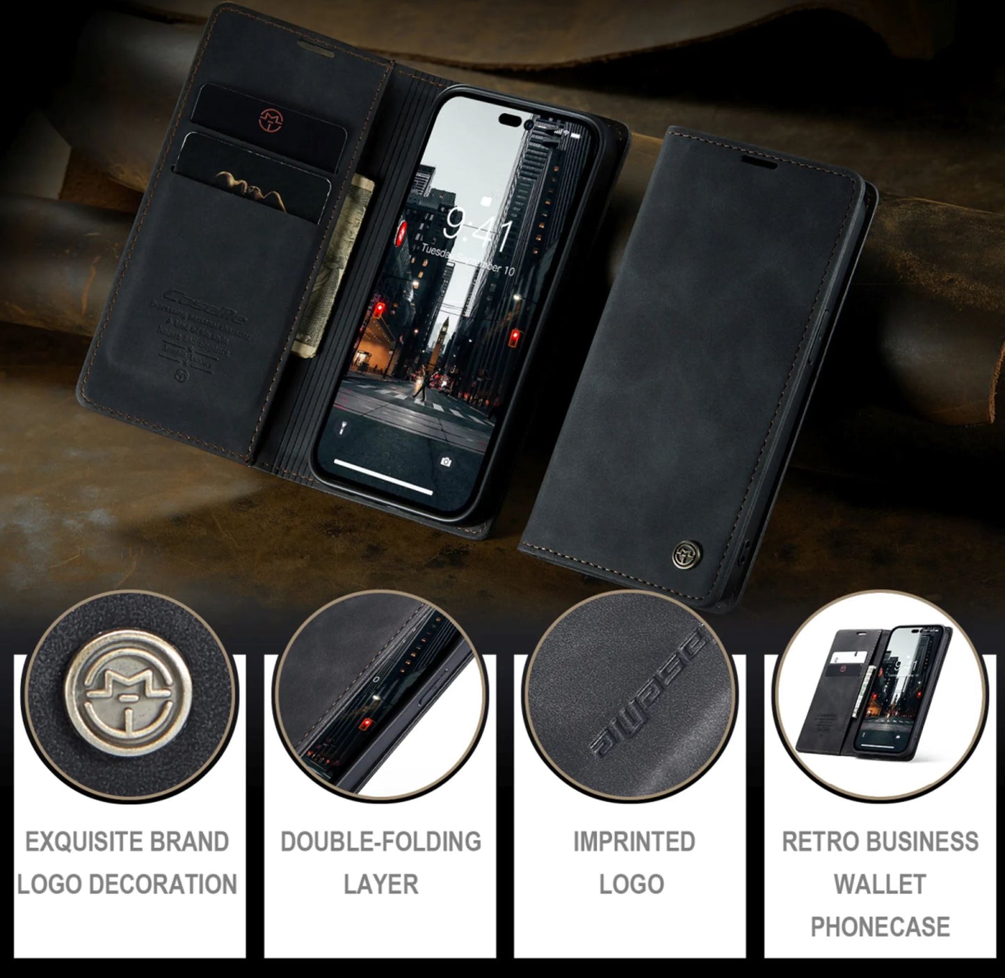 Étui Portefeuille Premium en Cuir pour iPhone 14 Pro - Noir