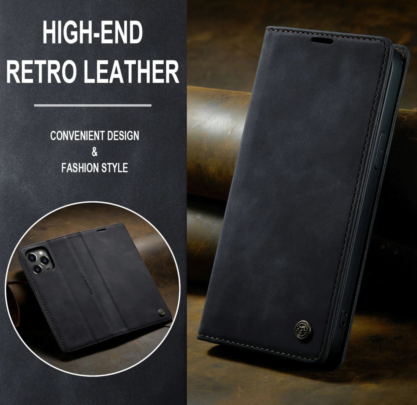 Étui Portefeuille Premium en Cuir pour iPhone 14 Pro - Noir
