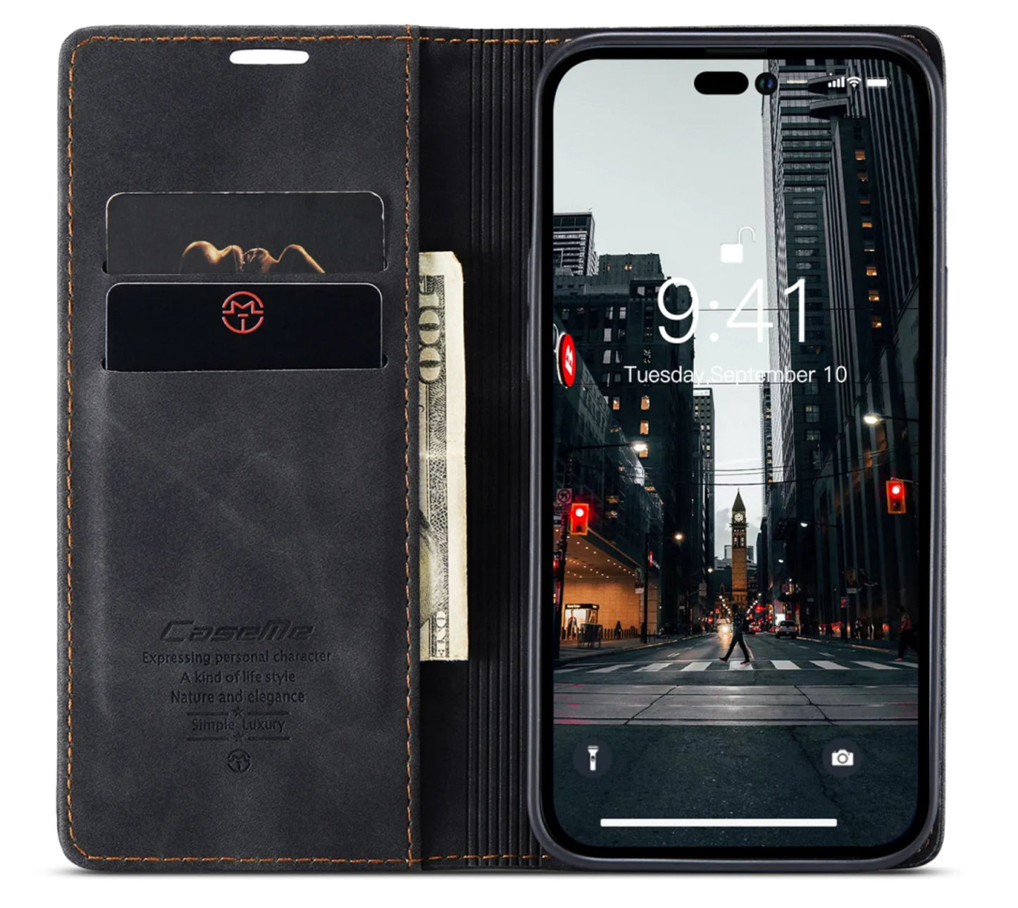 Étui Portefeuille Premium en Cuir pour iPhone 14 Pro - Noir