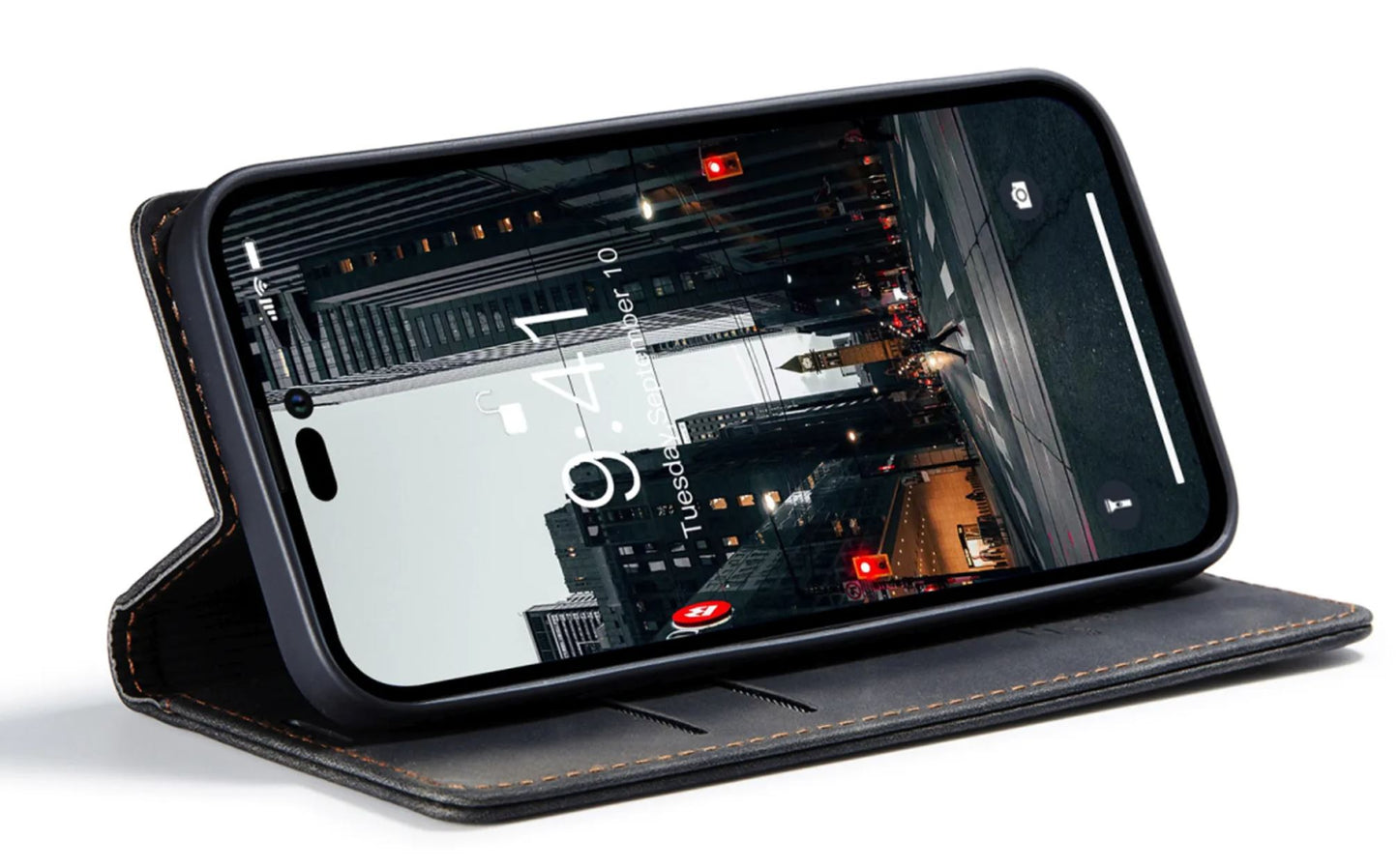 Étui Portefeuille Premium en Cuir pour iPhone 14 Pro - Noir