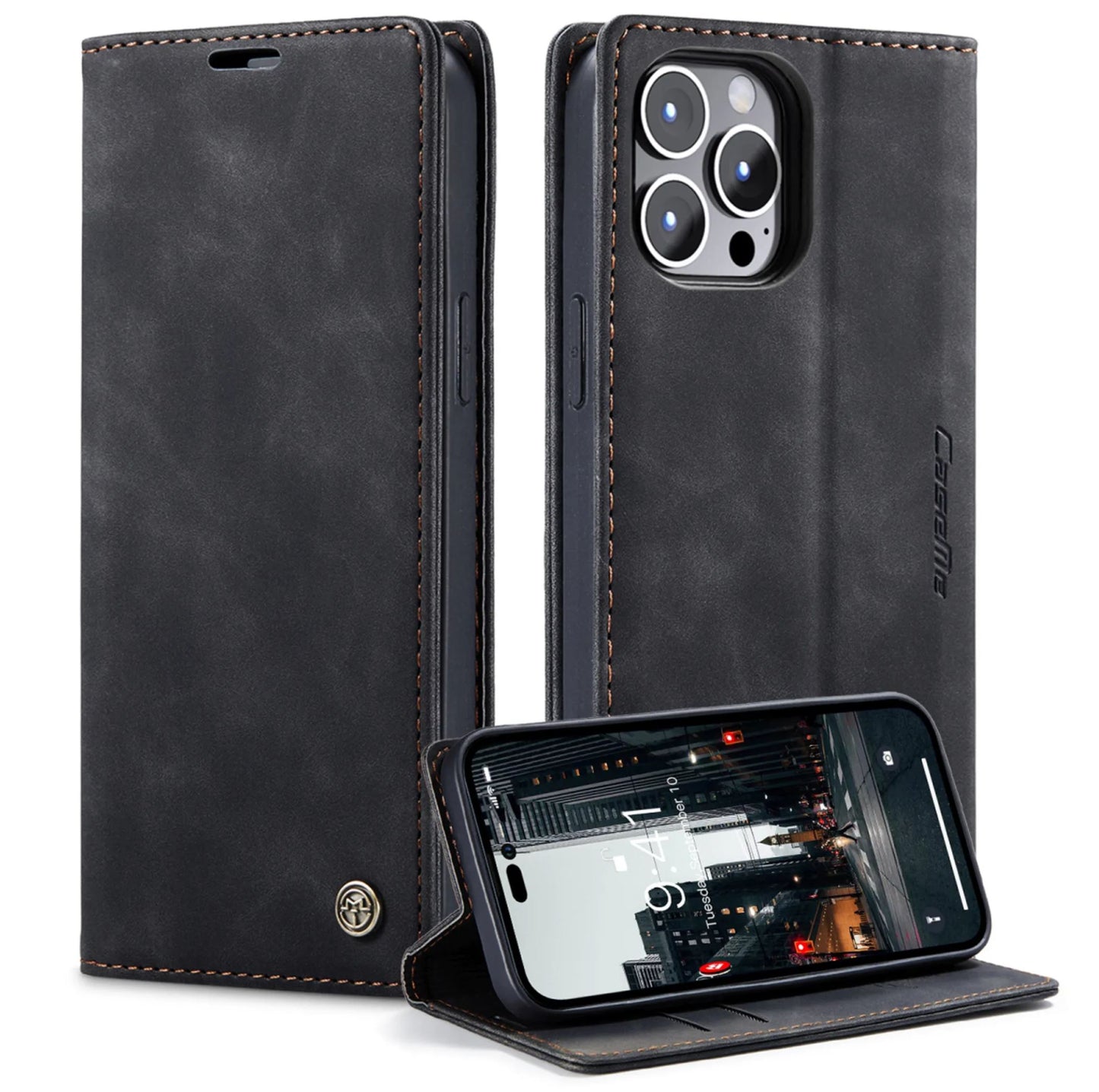 Étui Portefeuille Premium en Cuir pour iPhone 14 Pro - Noir