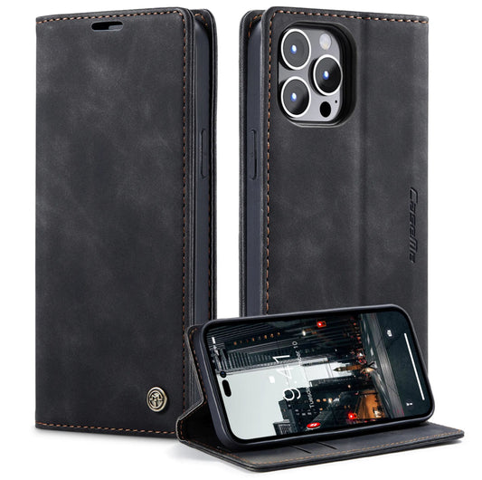 iPhone 14 Pro Wallet Premium Case Leer - Zwart